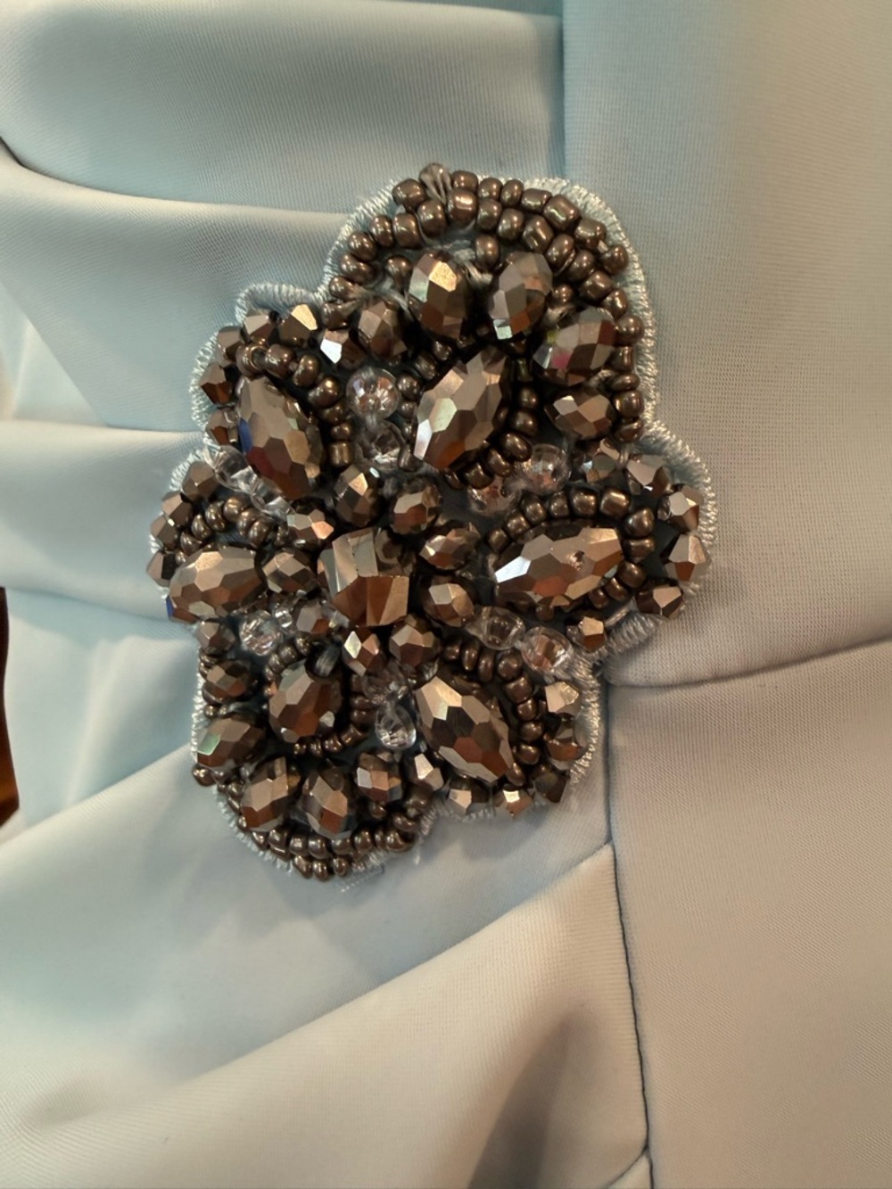Alex Evenings Surplice Ruched Sheath Dress Rhinestone Brooch Light Blue Size 14 - Picture 5 of 10